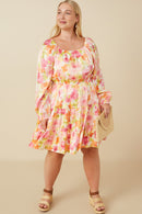 HY7674 Pink Mix Womens Lurex Floral Square Neck Peasant Sleeve Dress Back