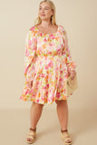 HY7674 Pink Mix Womens Lurex Floral Square Neck Peasant Sleeve Dress Back