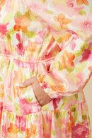HY7674W Pink Mix Plus Lurex Floral Square Neck Peasant Sleeve Dress Gif