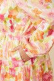 HY7674W Pink Mix Plus Lurex Floral Square Neck Peasant Sleeve Dress Gif