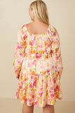 HY7674W Pink Mix Plus Lurex Floral Square Neck Peasant Sleeve Dress Full Body