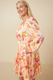 HY7674W Pink Mix Plus Lurex Floral Square Neck Peasant Sleeve Dress Detail
