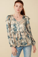 HY7677W Beige Plus Satin Botanical Print Buttoned Ruffle Top Front