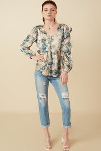 HY7677 Beige Womens Satin Botanical Print Buttoned Ruffle Top Gif