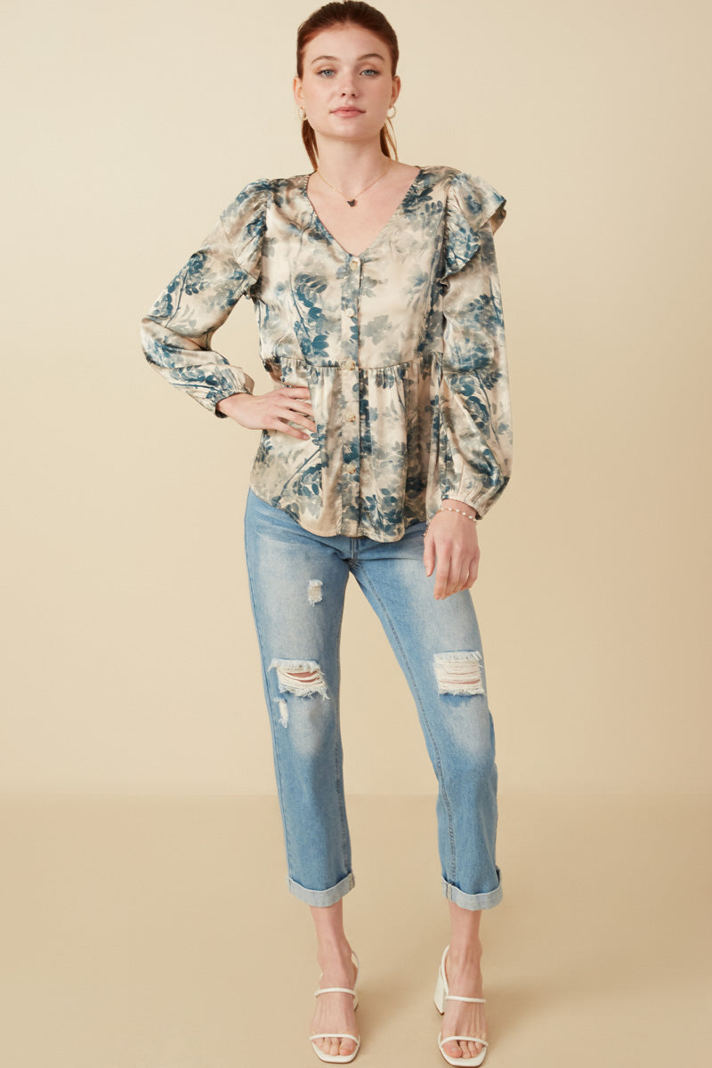 HY7677 Beige Womens Satin Botanical Print Buttoned Ruffle Top Gif