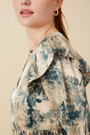 HY7677 Beige Womens Satin Botanical Print Buttoned Ruffle Top Full Body