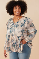 HY7677 Beige Womens Satin Botanical Print Buttoned Ruffle Top Front