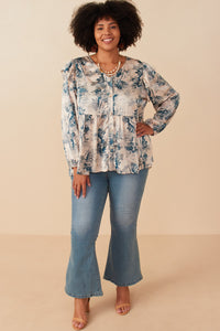 HY7677W Beige Plus Satin Botanical Print Buttoned Ruffle Top Gif