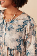 HY7677W Beige Plus Satin Botanical Print Buttoned Ruffle Top Full Body