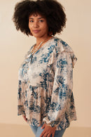 HY7677W Beige Plus Satin Botanical Print Buttoned Ruffle Top Back