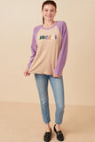HY7679 Taupe Womens Merci Applique Brushed Color Block Raglan Top Gif