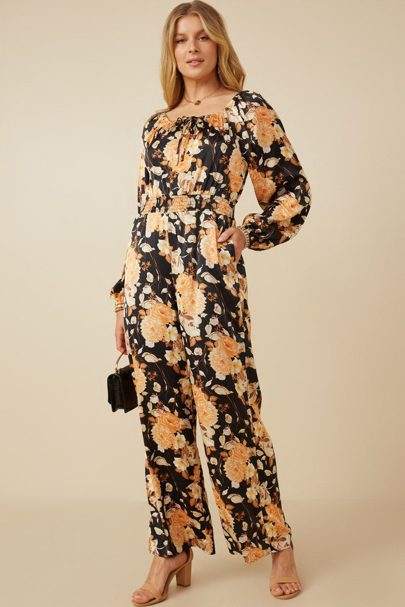 HY7683W Black Plus Satin Floral Smocked Waist Tie Front Jumpsuit Full Body