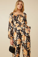 HY7683 Black Womens Satin Floral Smocked Waist Tie Front Jumpsuit Gif