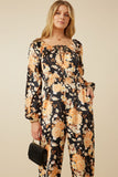 HY7683 Black Womens Satin Floral Smocked Waist Tie Front Jumpsuit Gif