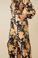 HY7683 Black Womens Satin Floral Smocked Waist Tie Front Jumpsuit Front