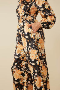 HY7683 Black Womens Satin Floral Smocked Waist Tie Front Jumpsuit Front