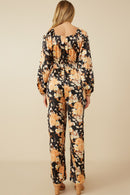 HY7683 Black Womens Satin Floral Smocked Waist Tie Front Jumpsuit Detail