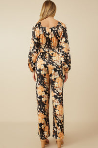 HY7683 Black Womens Satin Floral Smocked Waist Tie Front Jumpsuit Detail