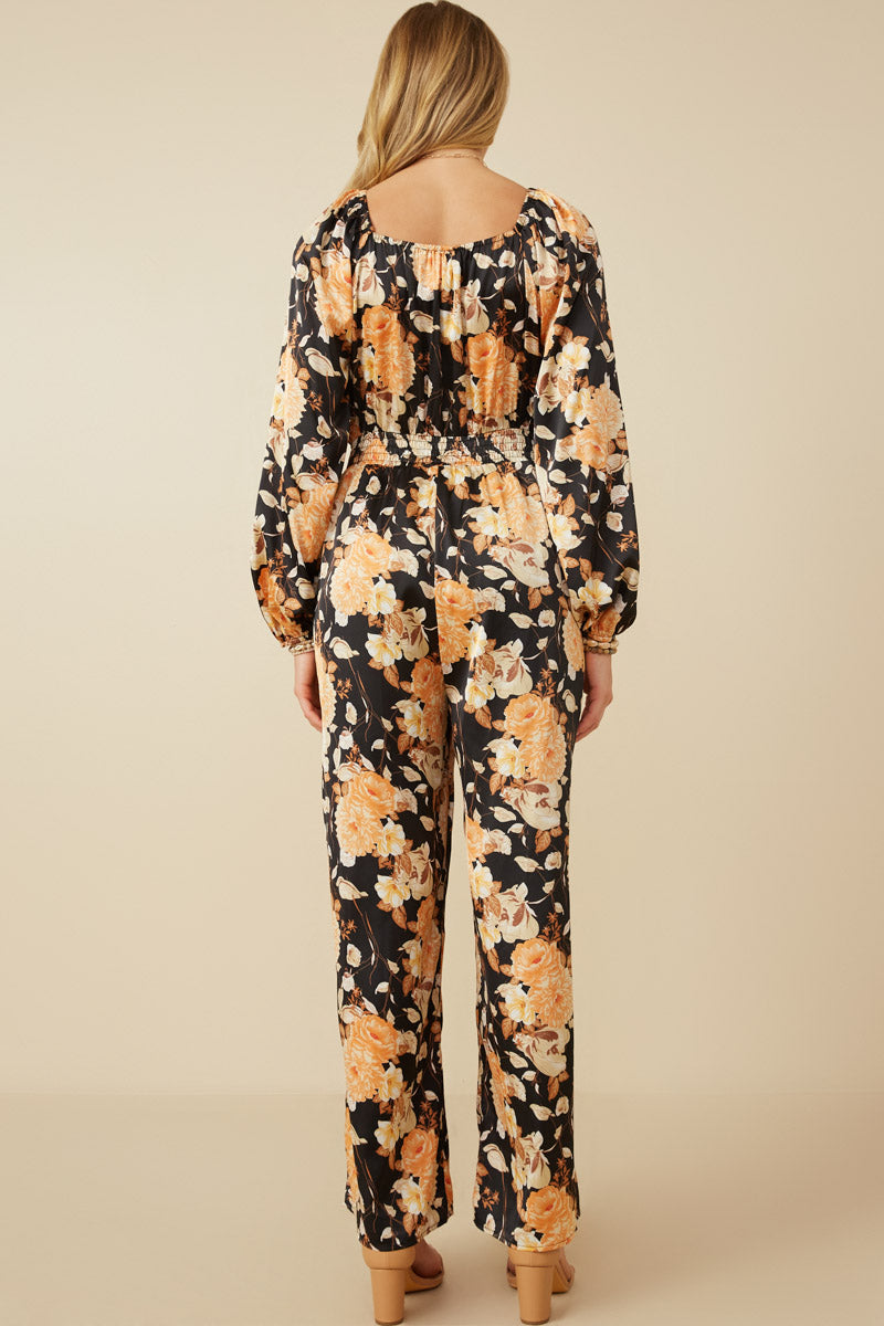 HY7683 Black Womens Satin Floral Smocked Waist Tie Front Jumpsuit Detail