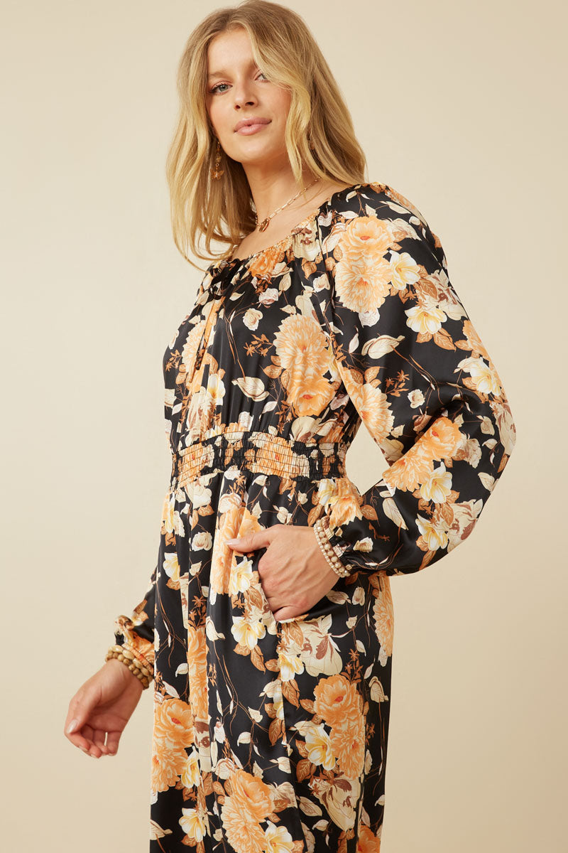 HY7683 Black Womens Satin Floral Smocked Waist Tie Front Jumpsuit Back