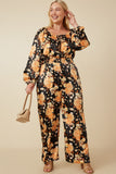HY7683 Black Womens Satin Floral Smocked Waist Tie Front Jumpsuit Editorial