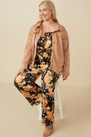 HY7683W Black Plus Satin Floral Smocked Waist Tie Front Jumpsuit Detail