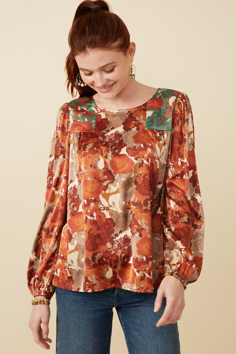 Abstract Botanical Print Blocked Long Sleeve Top