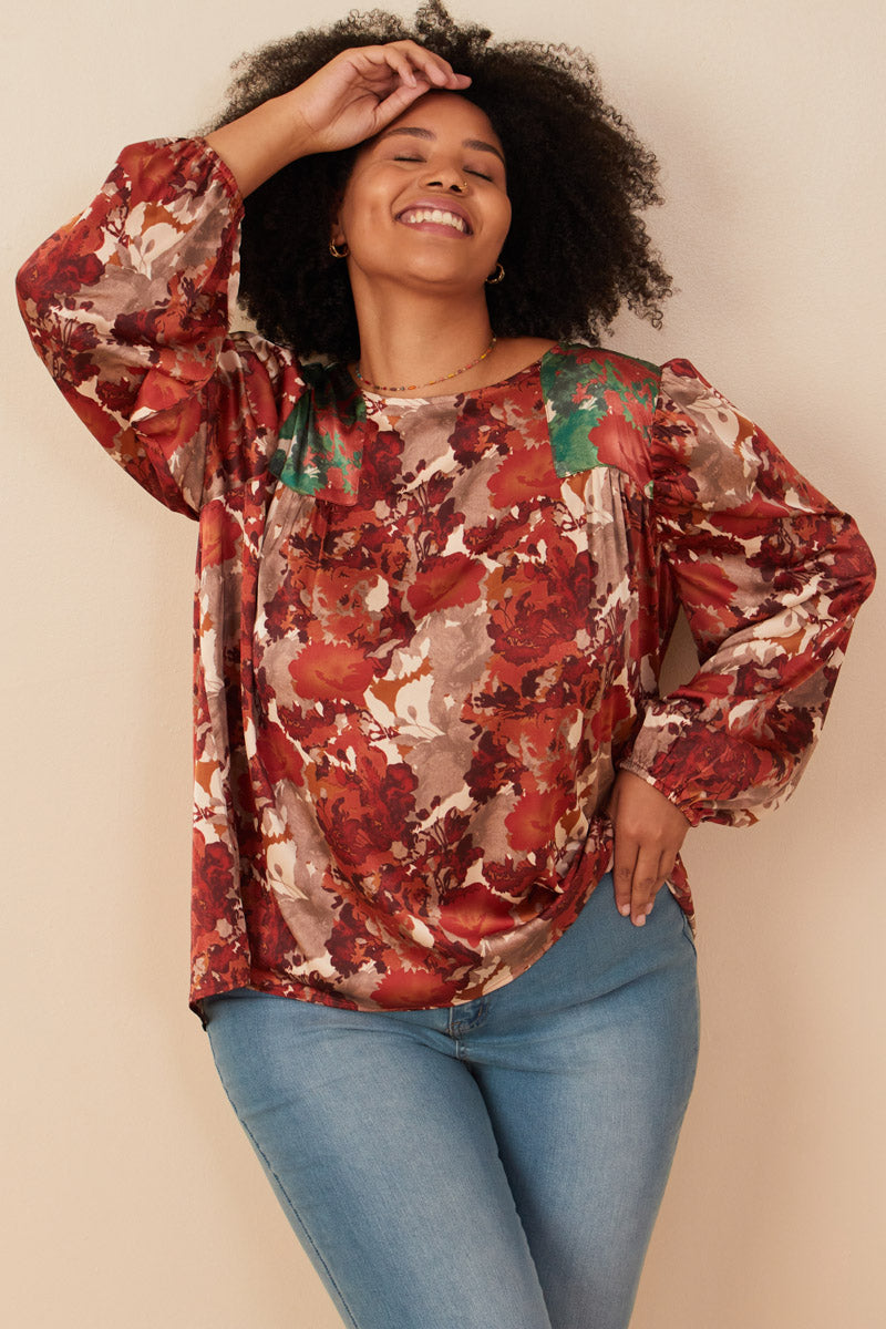 Abstract Botanical Print Blocked Long Sleeve Top