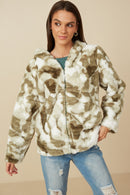 HY7690W Green Plus Camo Print Plush Hooded Jacket Front