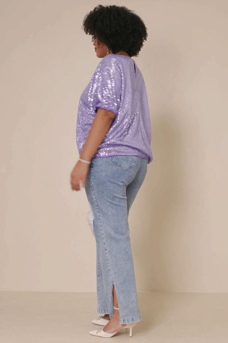 HY7693 Lavender Womens Sequined Short Sleeve Dolman Top Front 2