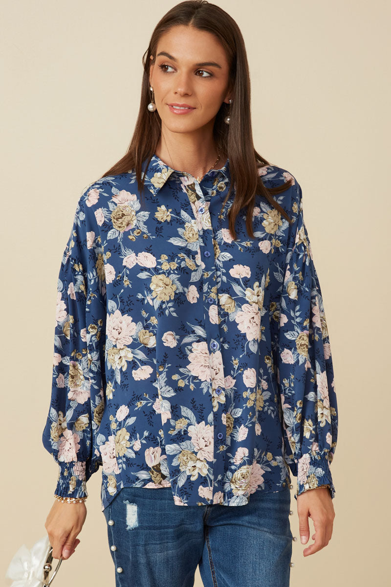 Romantic Floral Smocked Cuff Exaggerated Sleeve Shirt