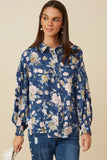 HY7711W Navy Plus Romantic Floral Smocked Cuff Exaggerated Sleeve Shirt Front