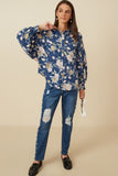 HY7711 Navy Womens Romantic Floral Smocked Cuff Exaggerated Sleeve Shirt Gif