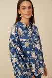 HY7711 Navy Womens Romantic Floral Smocked Cuff Exaggerated Sleeve Shirt Full Body