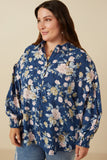 HY7711 Navy Womens Romantic Floral Smocked Cuff Exaggerated Sleeve Shirt Front