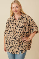 HY7712W Taupe Plus Button Up Animal Print Dolman Shirt Detail
