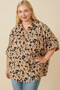 HY7712W Taupe Plus Button Up Animal Print Dolman Shirt Detail