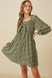 HY7713 Olive Womens Ditsy Floral Tie Front Smocked Back Dress Front