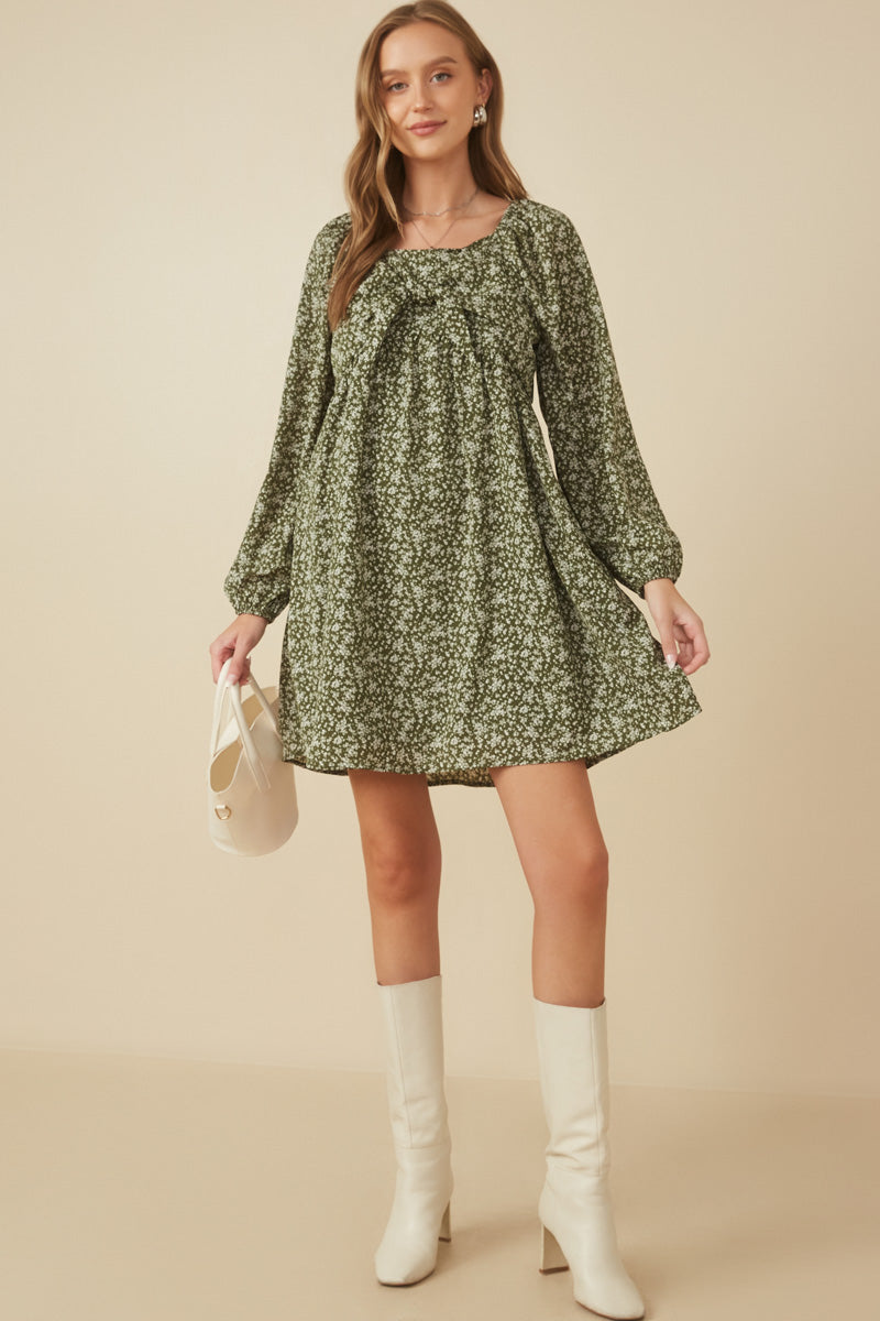 HY7713 Olive Womens Ditsy Floral Tie Gif Smocked Back Dress Gif