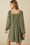 HY7713 Olive Womens Ditsy Floral Tie Front Smocked Back Dress Detail