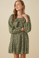HY7713 Olive Womens Ditsy Floral Tie Front Smocked Back Dress Side