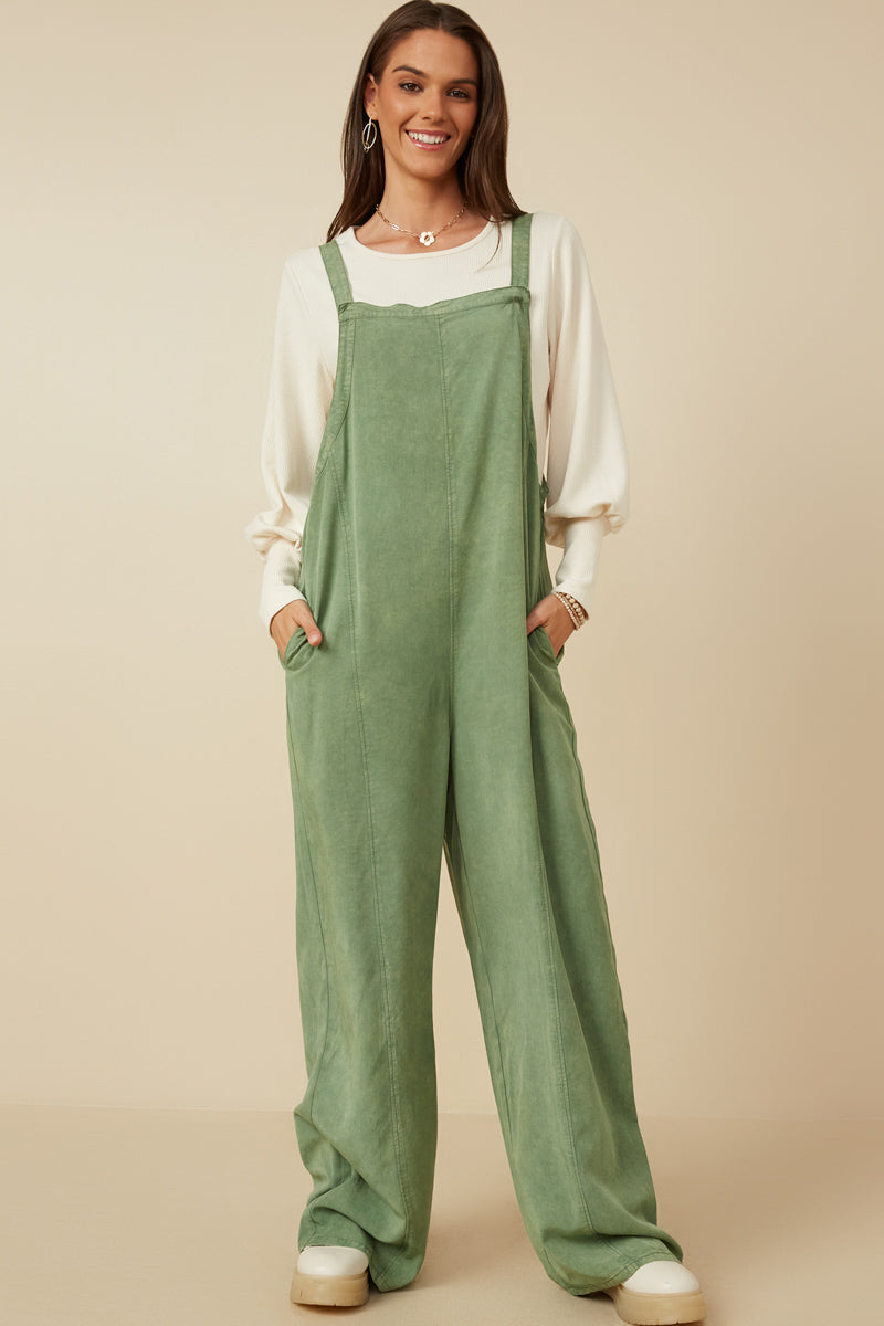 HY7714 Olive Womens Washed Straight Leg Overall Back