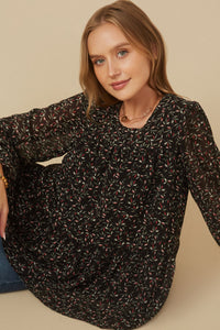 HY7716 Black Womens Ditsy Floral Cinch Sleeve Tiered Top Pose