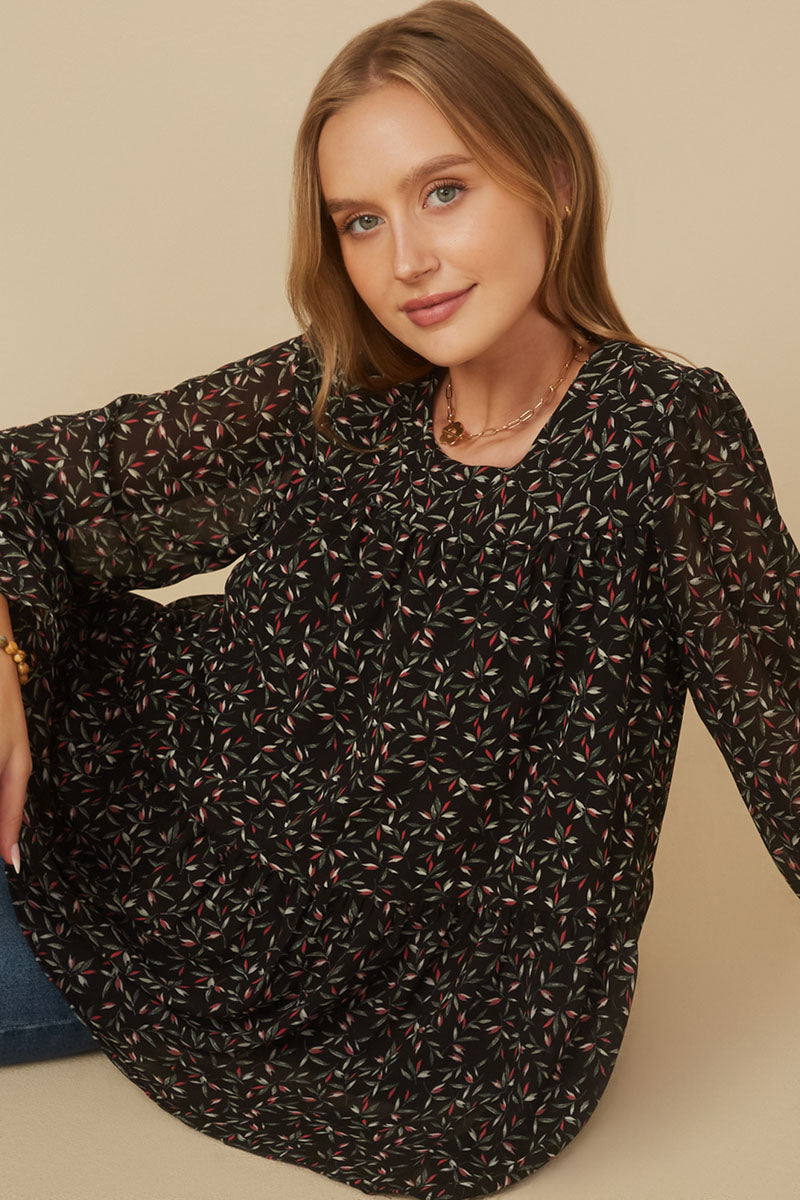 Ditsy Floral Cinch Sleeve Tiered Top