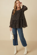 HY7716 Black Womens Ditsy Floral Cinch Sleeve Tiered Top Gif