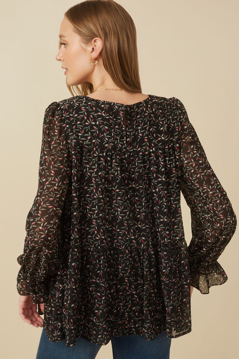 HY7716 Black Womens Ditsy Floral Cinch Sleeve Tiered Top Side