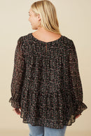 HY7716W Black Plus Ditsy Floral Cinch Sleeve Tiered Top Full Body