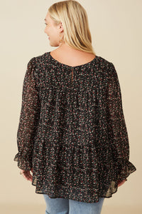 HY7716W Black Plus Ditsy Floral Cinch Sleeve Tiered Top Full Body