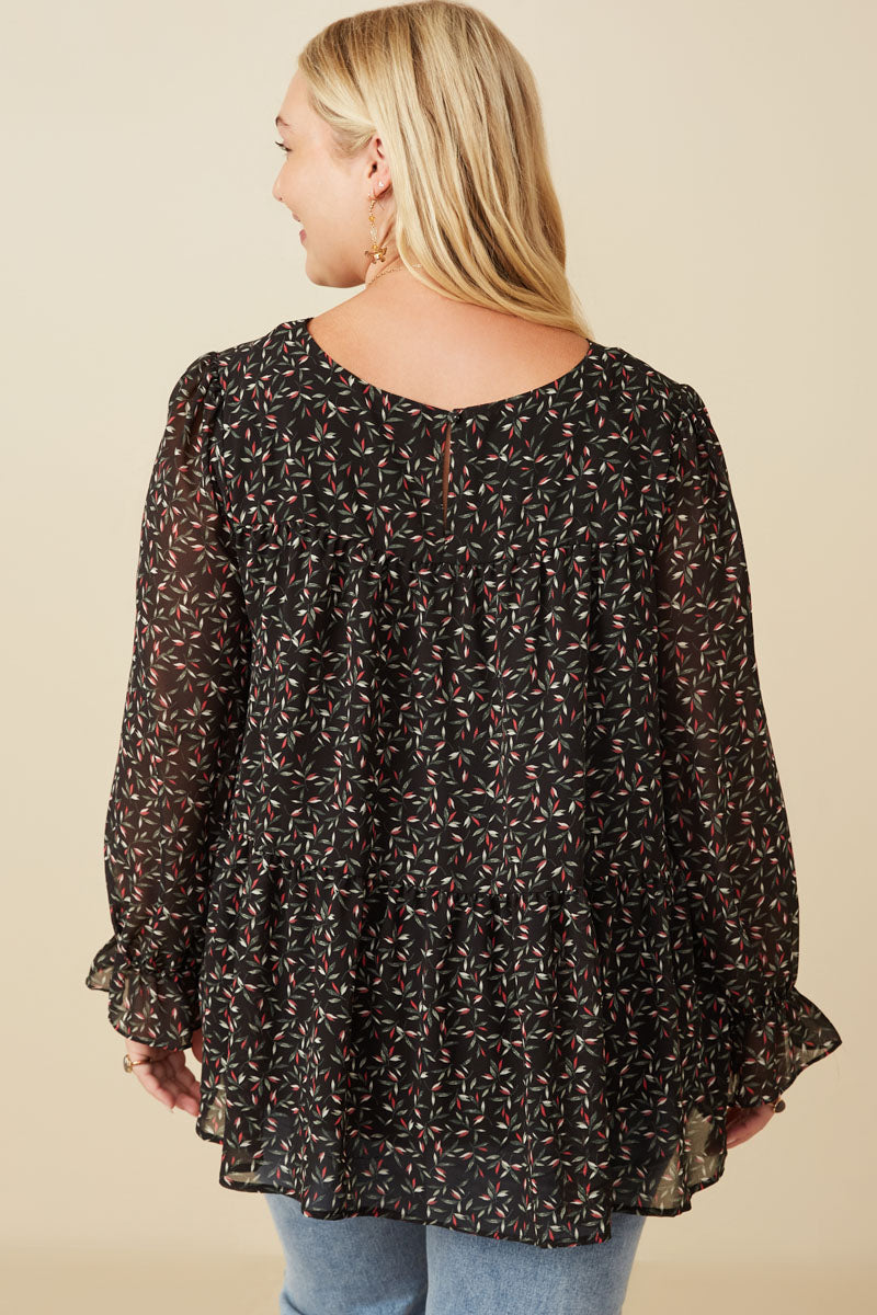 HY7716W Black Plus Ditsy Floral Cinch Sleeve Tiered Top Full Body