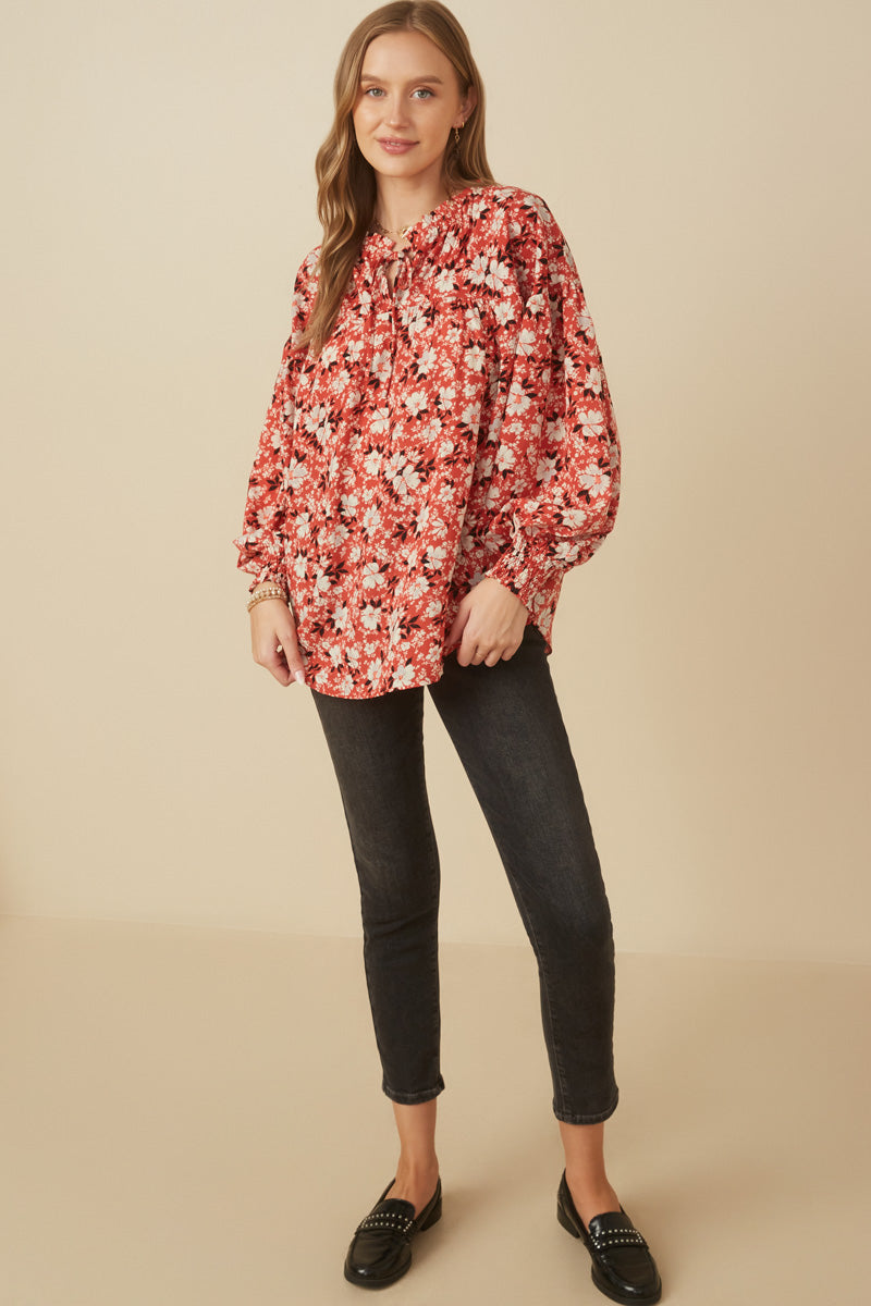 HY7717 Rust Womens Ditsy Floral Ruffle Detail Smocked Cuff Top Front 2